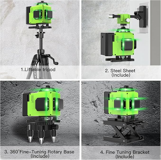 Laser Level with tripod 16 Lines Self Leveling, 4x360° 4D Green Beam Cross Line Lazer Level with 2 Batteries,Horizontal/Vertical Line Laser Remote Control for Tiling Floor Construction Picture Hanging