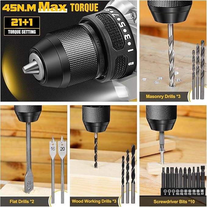 20V Brushless Drill Set, Cordless Power Drill with 2.0Ah Battery,119 PCS Combo Tool Kit for Men, 10mm 3/8" Keyless Chuck, 21+1 Torque Setting Power Tool Set for DIY Garden House Office Repair