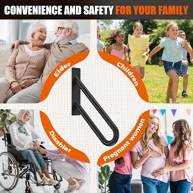 GORWARE Handrails for Outdoor Steps,24" U-Shaped Handrail Wall Mount with Matte Black Finished,1-3 Steps Railings,Safety Grab Bar for Outdoor Indoor Stairs, Garage, Porch, Toilet, Yard and Garden.