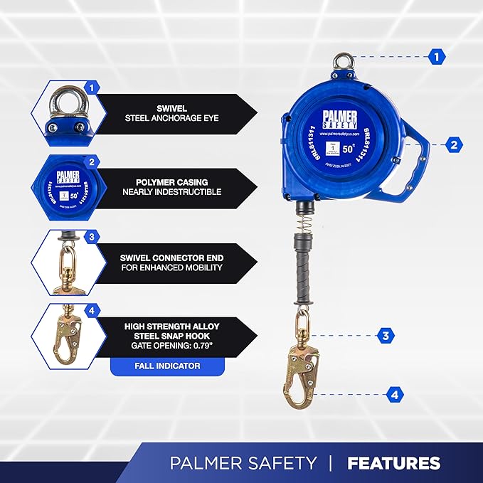 Palmer Safety SRD 50 FT. Self Retracting Lifeline I ANSI Z359.14-2021 Class 1 I SRL Device Swivel Top Galvanized Cable w/Small Steel Snap Hook I Fall Arrest Safety Yoyo