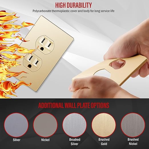 ENERLITES Elite Series Duplex Receptacle with Screwless Wall Plate, Residential Grade Duplex Outlet, Tamper-Resistant, Grounding, 15A 125V, UL Listed, 61580-TR-GDWP, Gold with Wall Plate