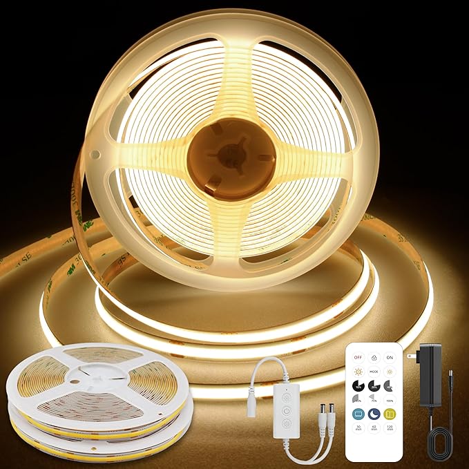 COB LED Strip Lights Warm White,24V Dimmable led Light Strip KIT with Remote and app Control,3000K 32.8FT/2 * 5m 8mm Wide Ra>90 Cuttable Flexible Strip Lights for Bedroom,Shelf,Cabinet
