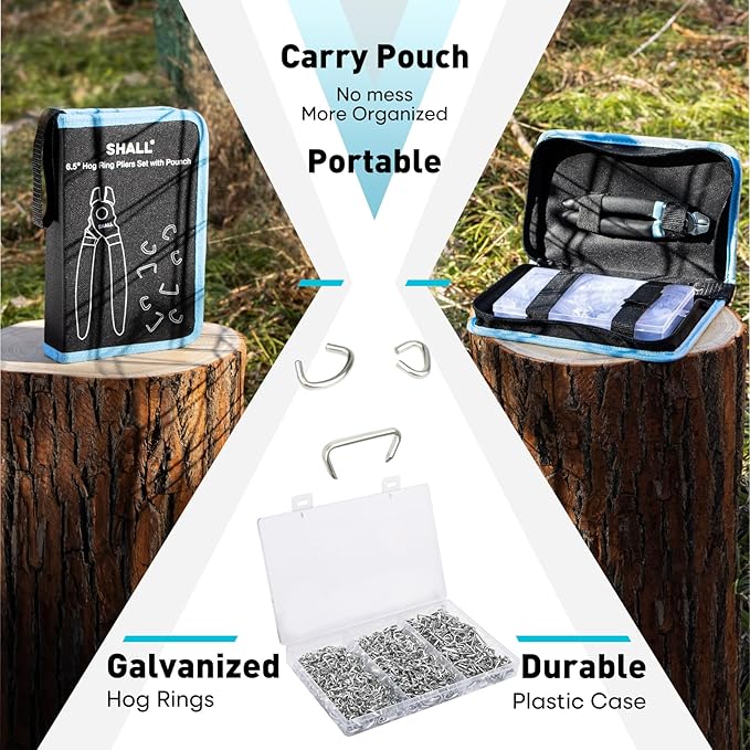 SHALL Bent Hog Ring Pliers Kit with 600pcs Galvanized Hog Rings (3/8’’, 1/2’’, 3/4’’) for Upholstery, Fence, Animal Pet Cages, Bungee Cords, Bagging, Protective Gloves, Storage Case & Bag Included