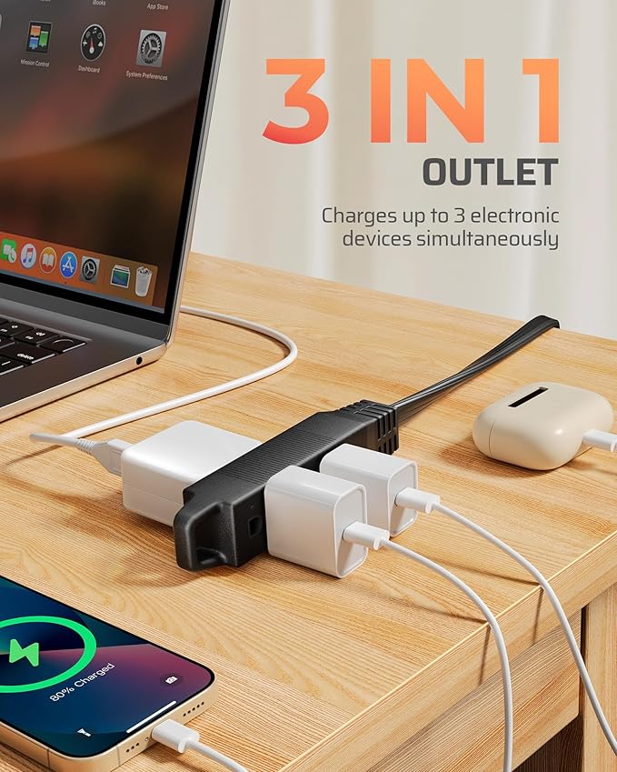 DEWENWILS 15FT Flat Plug Extension Cord, 360° Rotating Plug, 3 Prong Ultra Thin Power Strip, 13A/125V/1625W, 16 Awg Grounded Flat Power Cable for Indoor Narrow Space, SPT-3, ETL Listed, Black