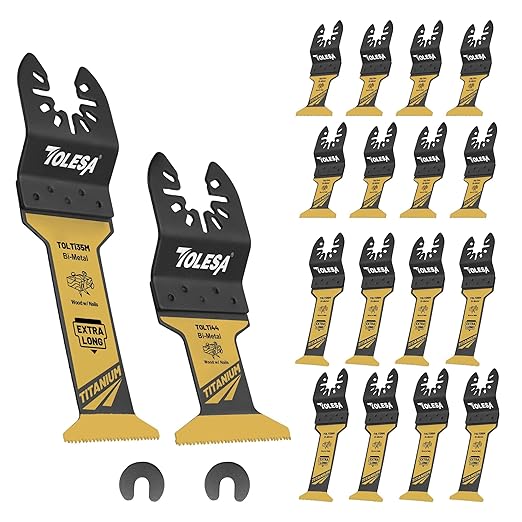 TOLESA 16pcs Extra-Long Titanium Oscillating Tool Blades, Oscillating Saw Blades for Metal, Oscillating Tool Blade Metal, Multi Tool Blades for Wood with Nails, Screws, Plastic Cutting