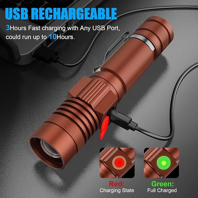 Hoxida Flashlight USB Rechargeable, Magnetic LED Flashlight, Super Bright LED Tactical Flashlight with Cob Sidelight, Waterproof, Zoomable Best Small LED Flashlight for Camping, Emergency - Brwon