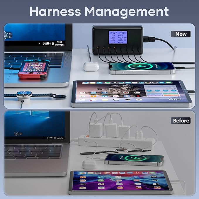 152W Charging Station, 8-Port Desktop USB-C & USB-A Charger Hub, 20W 4xUSB-C & 18W 4xUSB-A, Compatible With iPhone 15/14/13 Pro/Max, iPad, Samsung Galaxy Note S23