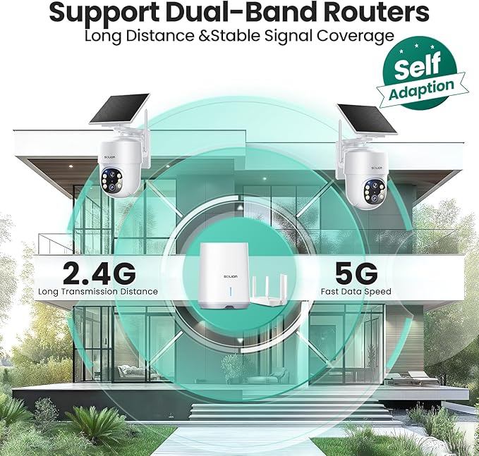 SOLIOM- 5MP Security Cameras Wireless Outdoor, No Subscription,2-Cam Pack, Solar Powered Home Security Camera with 360° Auto Tracking, Pan & Tilt, 3K Color Night Vision,5G & 2.4G Router Compatible