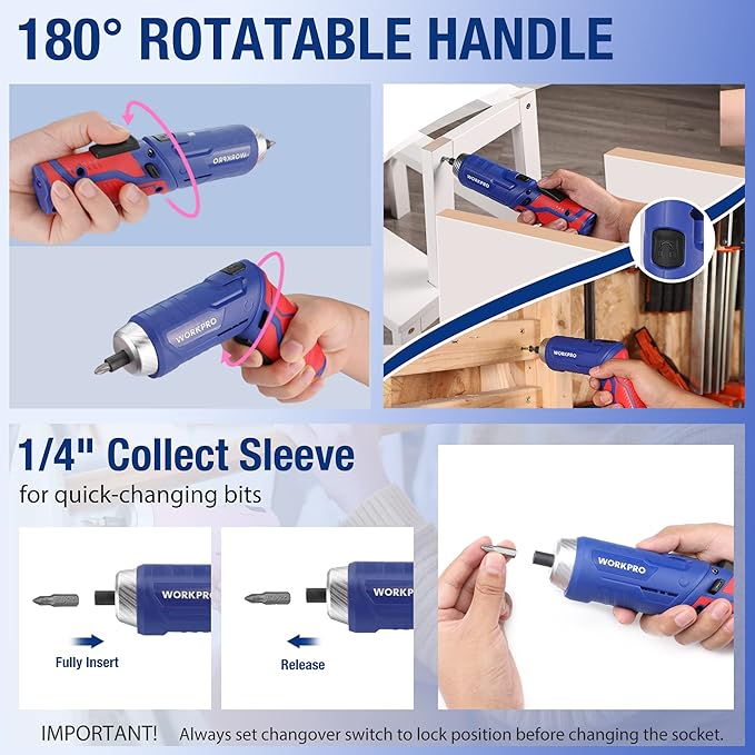 WORKPRO Home Tool Kit with 3.7V Rotatable Electric Screwdriver, 18PCS General Household Tool Kit with Toolbox, Rechargeable Electric Screwdriver Kit, Basic Portable Tool Set for Dorm, Garage, DIY
