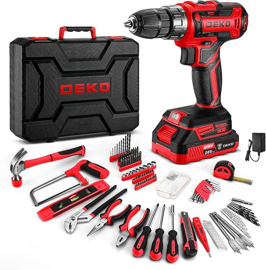 Red Drill Tool Kit Set: 20V Cordless Power Drill Tool Box with Battery Electric Drill Driver for Men Home Hand Repair Basic Toolbox Tools Sets Drills Case