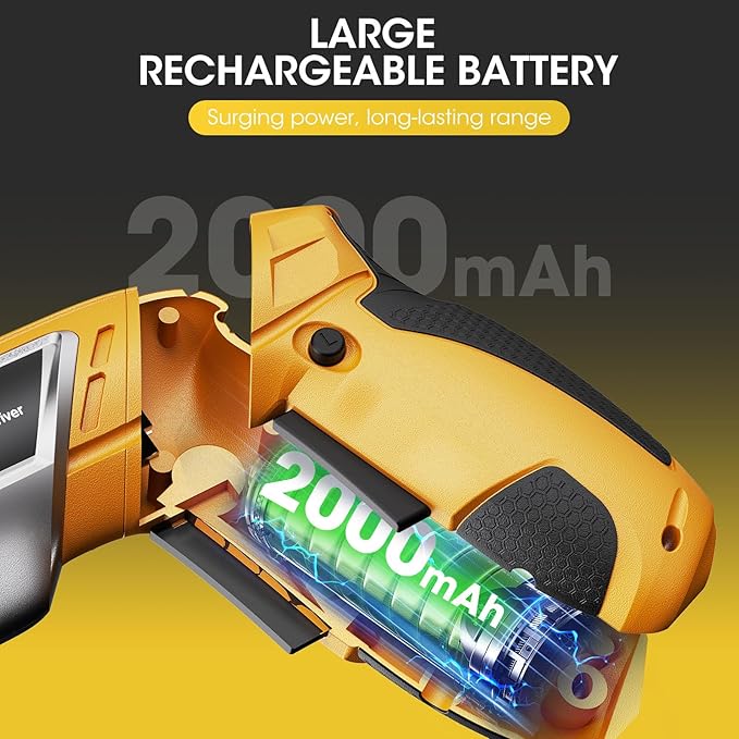 Electric Screwdriver Cordless Set, 3.6V Power Screwdriver Rechargeable with Light, Yellow Screw Gun with Pivoting Handle and Drill, 49 Pcs Accessories, 6+1 Torque Setting, 2000 mAh Battery