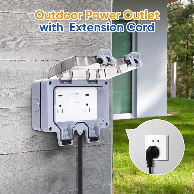 Outdoor Power Outlet,Outdoor Extension Cord Waterproof Double Wall Outlet Extender with On-Off Switch and Indicator Light，Exterior Electric External Power Outlet,Outside Outlet (19.6FT)
