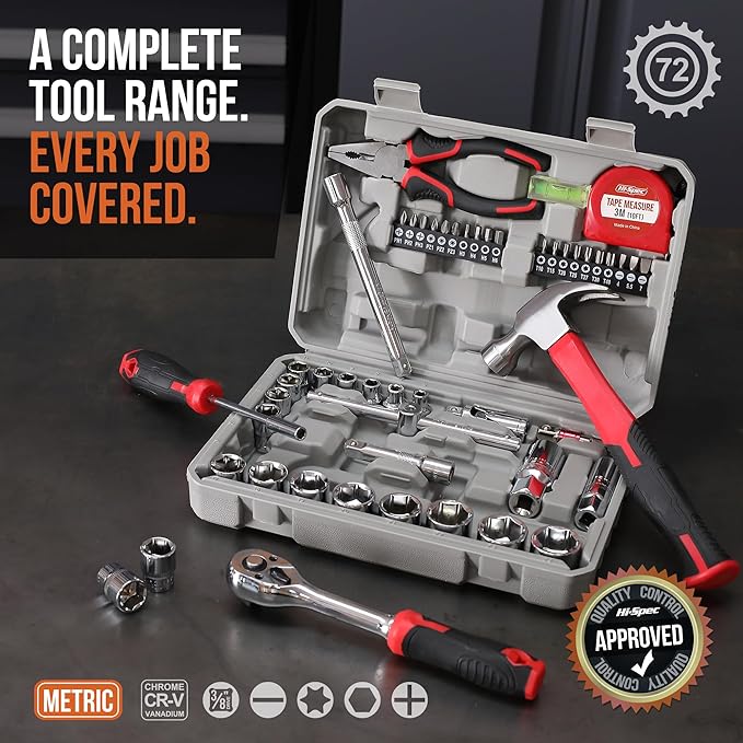 Hi-Spec 52pc Home Garage Mechanics DIY Tool Kit Set. Metric Sockets, Ratchet Wrench, Screwdriver Bit Set, Pliers and Spark Plug Accessories in a Portable Toolbox Case