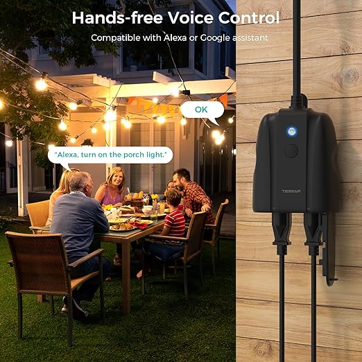 Outdoor Smart Plug Waterproof, TESSAN Smart WiFi Outlet Compatible with Alexa, Google Assistant, 2 Individual Sockets Outside Power Strip with Switch, 2.4GHz Wi-Fi Only, for Lights and 2HP Pool Pump