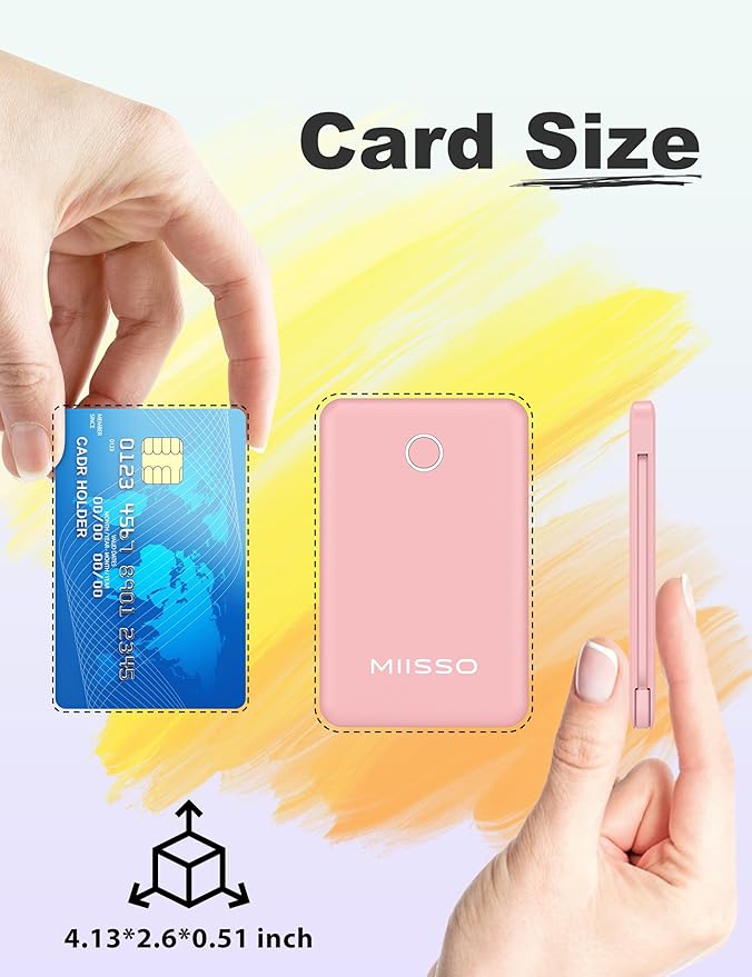 6000mah Ultra Slim Built in Cables Power Bank, Card Size Built in USB C Cords Battery Pack Portable Charger for Phones, 3 Output External Battery Pack Compatible with iPhone, Samsung, Google, Pink