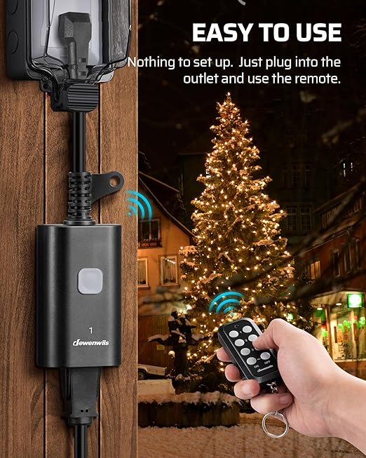 DEWENWILS Outdoor Remote Control Outlet, 15A Wireless Remote Control Switch, 100FT Control Range & 14AWG SJTW Power Cord, Weatherproof for Outdoor Appliances, 1 Remote Control+3 Outlets, FCC Listed