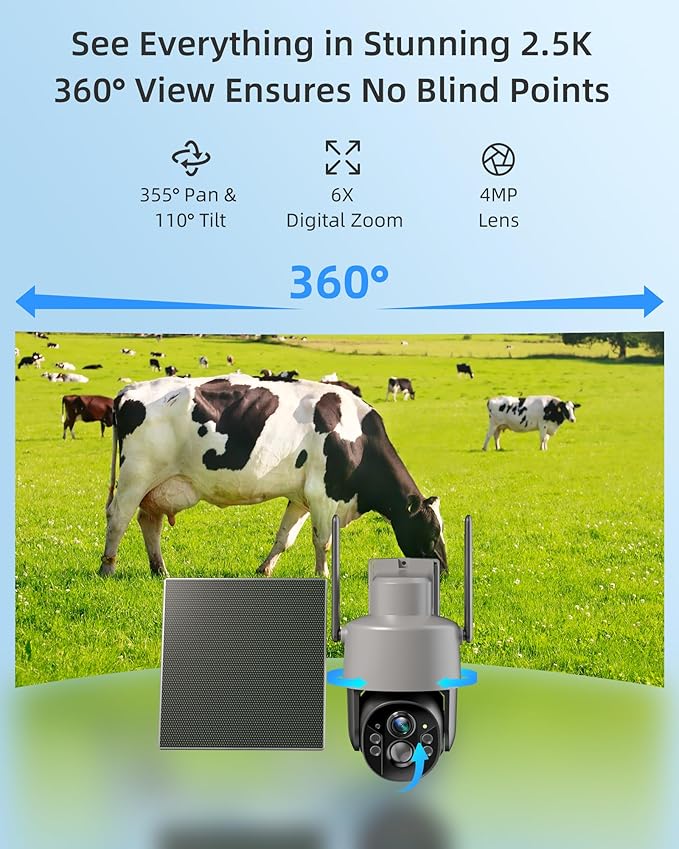 Solar Security Cameras Wireless Outdoor, 4G LTE Cellular Security Cameras for Home Security, 360° PTZ Surveillance Camera with PIR, Color Night Vision, 2-Way Talk, IP66 Waterproof, Work with Alexa