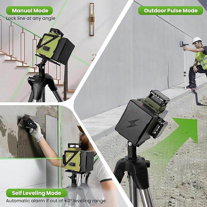 Laser Level 360 Self Leveling, 3x360° Green Cross Line Lazer Leveler Tool for Construction and Picture Hanging, 3D 12 Lines Laser with 2*3600mAh Rechargeable Battery Magnetic Rotating Bracket
