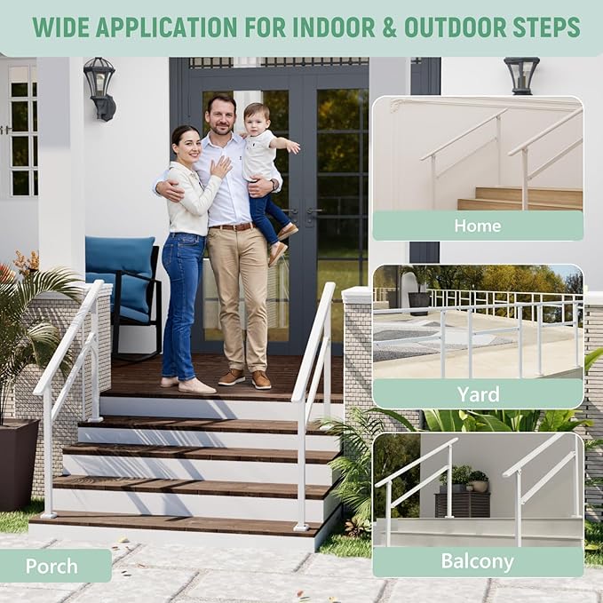 2 Pack Hand Rails for Outdoor Steps,3-4 Step Railing for Stairs,Adjustable Porch Railing,Hand Rails for Seniors,Outdoor Deck Handrails for Exterior Steps,White