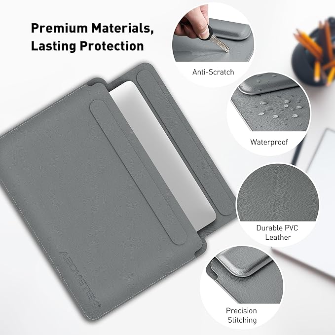 AboveTEK Laptop Sleeve Case for 13-14 inch MacBook Air/Pro, Slim Laptop Case with Stand, Ergonomic Wrist Rest & Mouse Pad, Waterproof Anti-Scratch Leather Bag for 13-14 Surface HP, Grey
