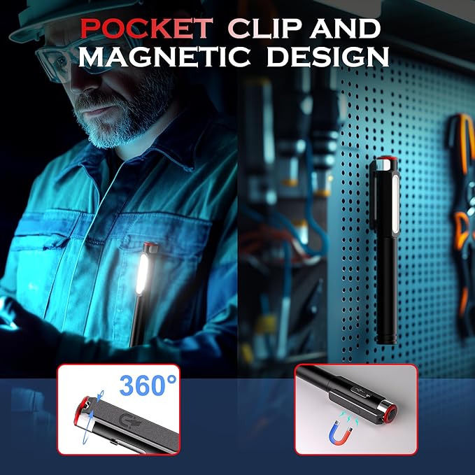 Pen Light Flashlight, 800 Lumens LED Pen Flashlights Rechargeable 6 Modes COB Magnetic Flashlight with Clip Bright Pocket Flashlights Work Light Portable Waterproof Durable Penlight for Nurse