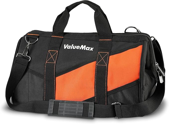 ValueMax 16-Inch Wide Mouth Tool Bag, Tool Organizer Tote Bag with Shoulder Strap, Heavy-duty Tool Storage Bag with 13 Pockets for HVAC, Plumber, Mechanic