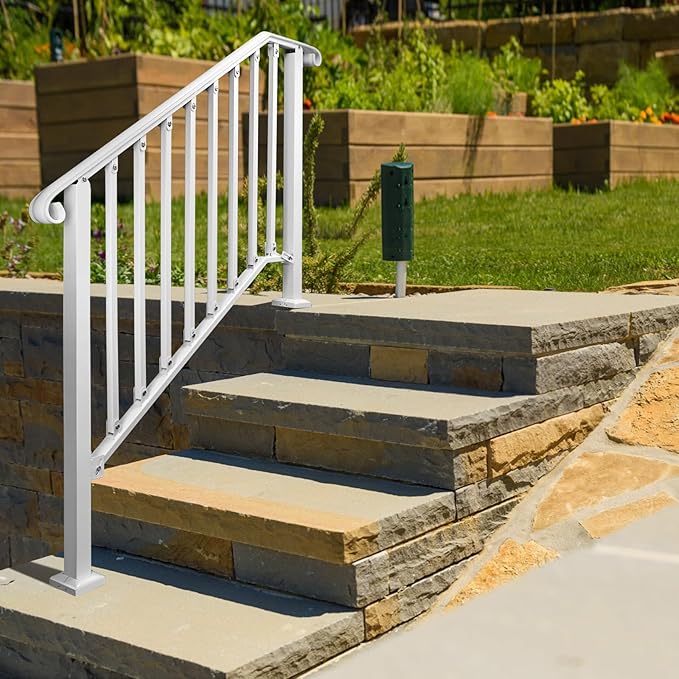 Adjustable Handrails for Outdoor Steps, Handrail Picket #3 Fits 3 or 4 Steps, Mattle Wrought Iron Handrail, Stair Rail with Installation Kit for Outdoor Steps,White