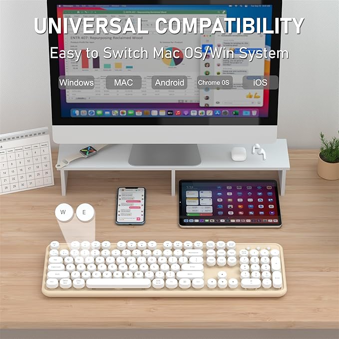 Colorful Wireless Bluetooth Keyboard, 2.4G & Dual Bluetooth Multi-Device, Typewriter Retro Round Keycaps 104 Keys Full-Size for PC Laptop Tablet Phone (White Milk-Tea)