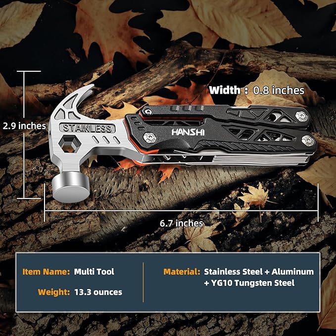 HANSHI Replaceable Wire Cutter Hammer Multitool with Nylon Sheath for Outdoor,Camping,Survival,Hiking,17 In 1 Pocket Multi Tool with Spring-Action Plier,Knife,Flint Rod,Safty Whistle for Gift