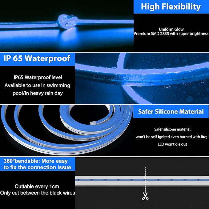 Lamomo LED Neon Lights, 16.4ft Blue LED Strip Light, 12V 0.39in/Cut Silicone Waterproof Neon Rope Light, DIY Neon Sign for Bedroom Indoor Outdoor Decoration（Power Adapter not Included）