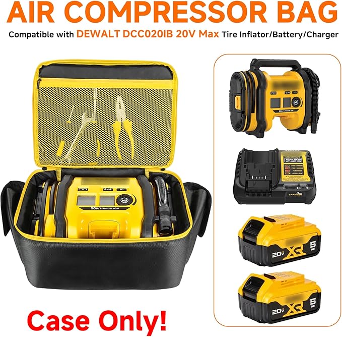 Air Compressor Bag Compatible with DEWALT DCC020IB 20V Max Tire Inflator/DCC18N-18V,Portable Cordless Tools Storage Carrying Case with Pocket for Battery Pack and Charging Kit(Bag Only)