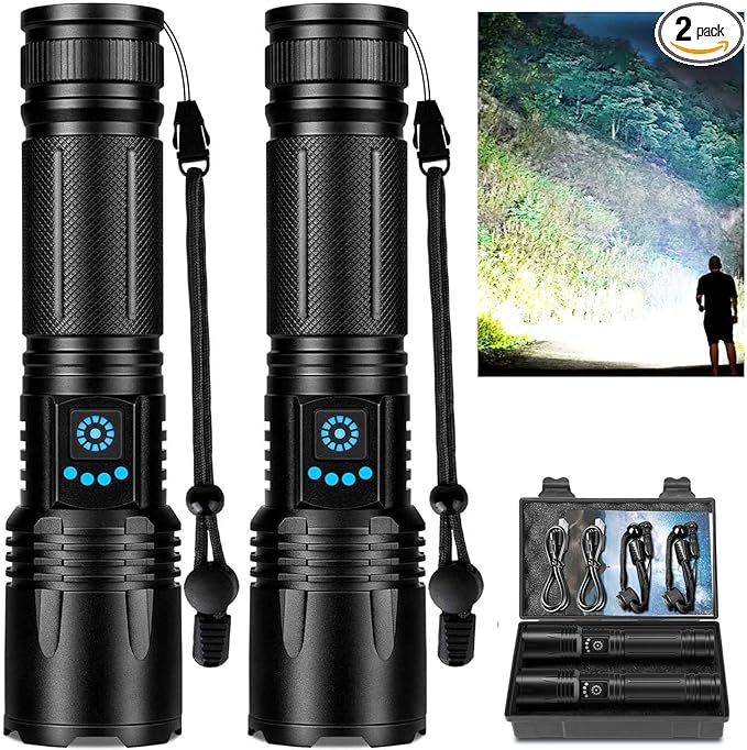 Rechargeable Flashlights High Lumens, 99,000 Lumens Super Bright Led Flashlights with 5 Modes & Waterproof, Powerful Handheld Flashlight for Camping Home (2 Pack)