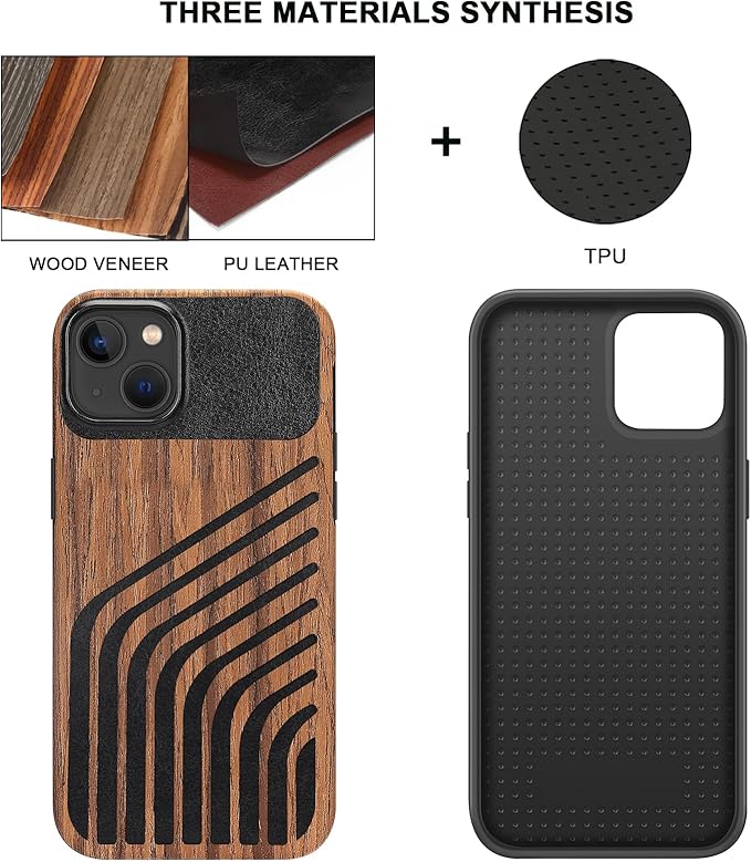 TENDLIN Compatible with iPhone 15 Case Wood Grain with Carbon Fiber Texture Design Leather Hybrid Slim Case (Hairline)