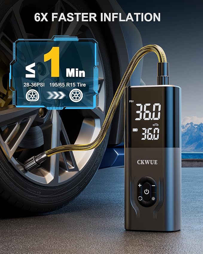 Tire Inflator Portable Air Compressor, CKWUE 180PSI Cordless Air Compressor, 6X Faster Air Pump with Digital Pressure Gauge, Tire Pump with Dual Mode Inflation （Dark Gray）