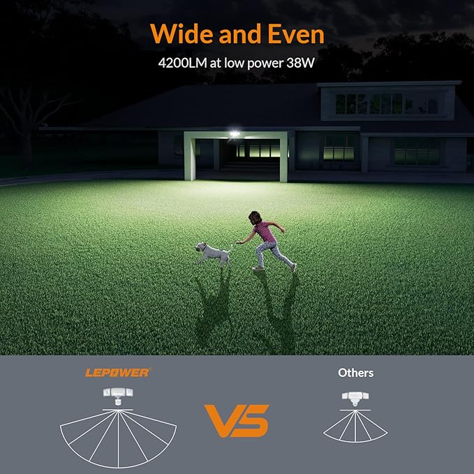 LEPOWER LED Security Light Motion Sensor Light Outdoor, 38W 4200LM Motion Security Light, 5500K, IP65 Waterproof, 3 Head Motion Detected Flood Light for Garage, Yard, Porch (Brown)