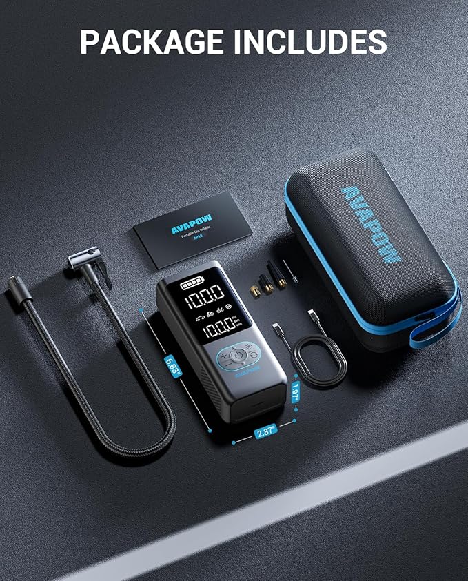 AVAPOW Tire Inflator Portable Air Compressor, 150 PSI Cordless Car Tire Air Pump with Pressure Gauge, 3.7″ LCD Screen, Auto-Shuts Off Tire Pump for Car, Motorcycle, Bike, Balls