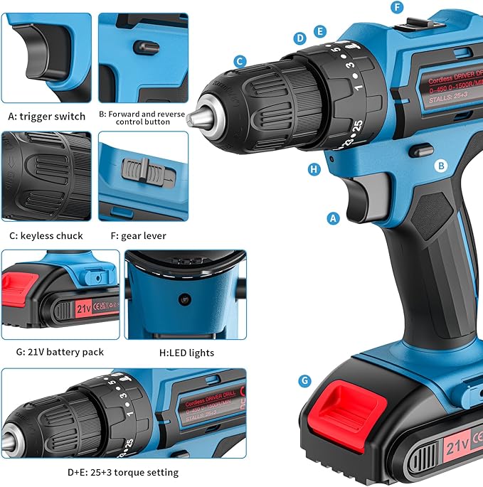 Cordless Power Drill Set with Battery and Charger, 25+3 Mini Drill 21V Electric Drill Cordless Hammer Impact Drill Set with 3/8 Inch Keyless Chuck with 2 Batteries