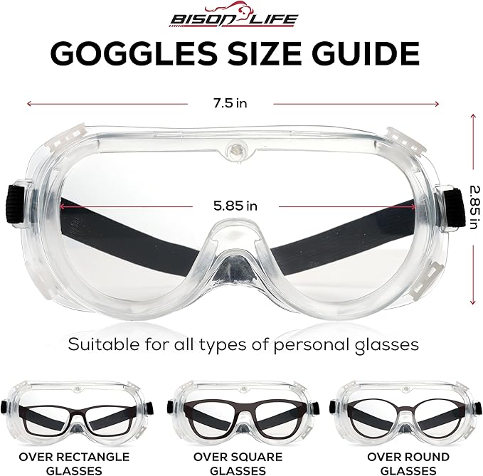BISON LIFE Clear Anti-Fog Safety Goggles, Chemical Splash Resistant, Adjustable Strap, Anti-Scratch Eye Protection Glasses