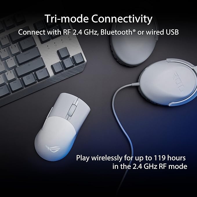 Asus ROG Keris Wireless AimPoint Gaming Mouse, Tri-mode connectivity, 36000 DPI sensor, 5 programmable buttons, ROG SpeedNova, Replaceable switches, Paracord cable, White