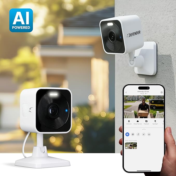 Defender GO 2K AI Powered Plug-in Indoor/Outdoor Home, Business, Pet, Baby Camera, AI Detection, Gigaxtreme Next-Gen Dual Band Connection, Spotlight/Siren, Color Night Vision, 2-Way Talk, ClearVu App