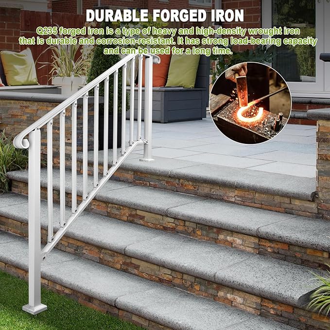 Adjustable Handrails for Outdoor Steps, Handrail Picket #4 Fits 4 or 5 Steps, Mattle Wrought Iron Handrail, Stair Rail with Installation Kit for Outdoor Steps