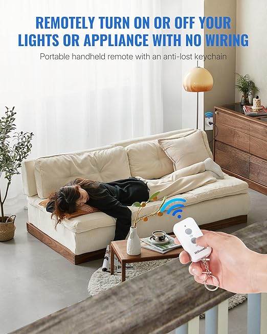 Remote Control Outlet Plug, WILAWELS Wireless Remote On Off Switch for Outlet, Remote Light Switch for Lamp, Light, Programmable, 100ft RF Range, 15A/1875W, Battery Included, FCC Listed W11RC1106