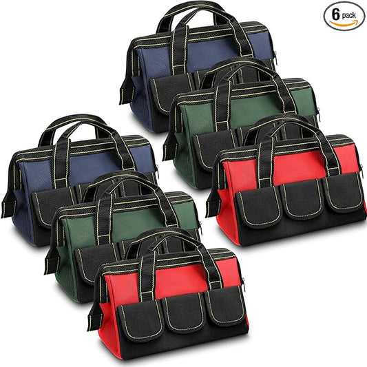 Silkfly 6 Pcs Tool Bag for Men Women Heavy Duty Tool Tote with Waterproof Hard Bottom Multi Pockets Large Mouth Organizer for Various Worker Electrician Carpenter Mechanic(13 Inch,Blue Green Red)