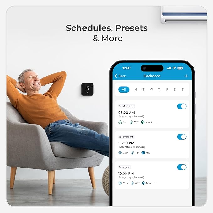 Breez Max | ENERGY STAR CERTIFIED Smart AC Controller | WiFi Thermostat for Mini-Split, Window, Portable ACs/Heat Pumps | AI-Based Tech | Free App, No Subscriptions | Alexa, Google, IFTTT etc. (Black)