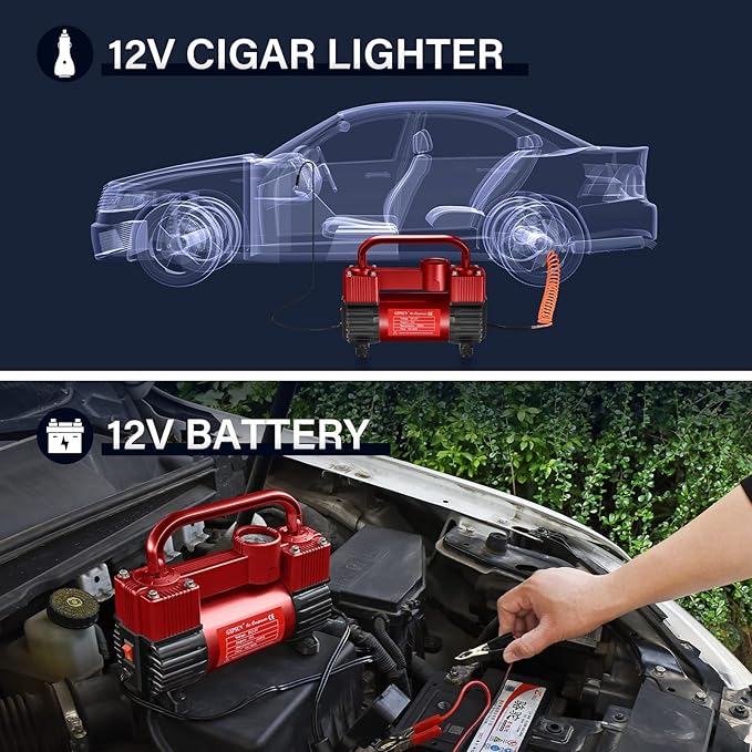 GSPSCN Red Tire Inflator Heavy Duty Double Cylinders, Portable Metal DC 12V Air Compressor - Car Accessories，150PSI Tire Pump with Adapter for Car, Truck, SUV Tires, Dinghy, Air Bed etc