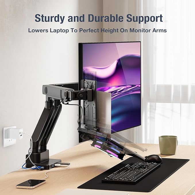 AVLT Dual 17”-38" Monitor Arm Desk Mount with 17" Laptop Tray and USB-C Docking Station, HDMI 4K60Hz, USB-A 5Gbps, Ethernet, 100W PD, Fits Two Flat/Curved Monitor - Black