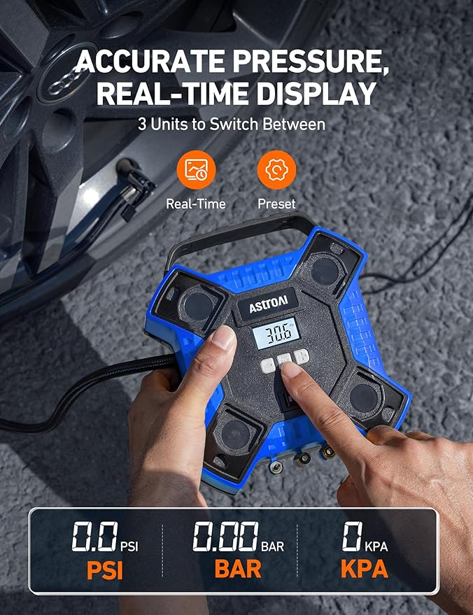 AstroAI Air Compressor Tire Inflator Portable Air Pump for Car Tires, 12V DC Integrated Metal Structure Tire Pump 160PSI with LED Light for Cars, Bicycles, Motorcycles, and Other Inflatables(Blue)