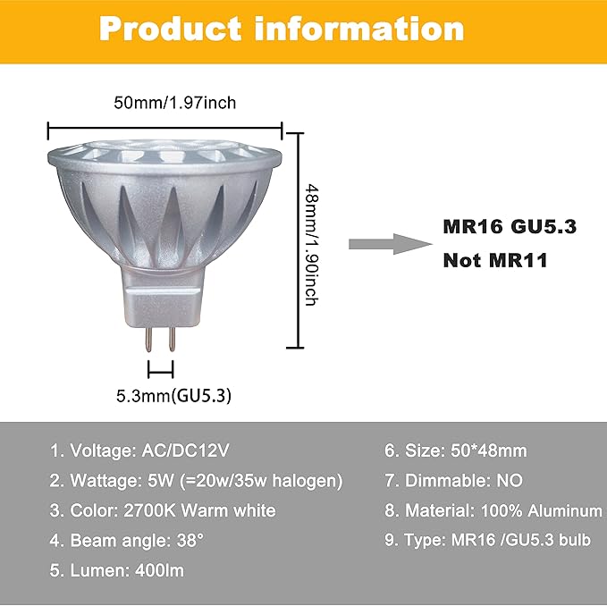 ALIDE MR16 Led Bulbs 5W Replace 20W 35W Halogen Equivalent,2700K Soft Warm White,12V Low Voltage MR16 GU5.3 Bulb Spotlights for Outdoor Landscape Flood Track Lighting,Not Dimmable,450lm,38 Deg,6 Pack