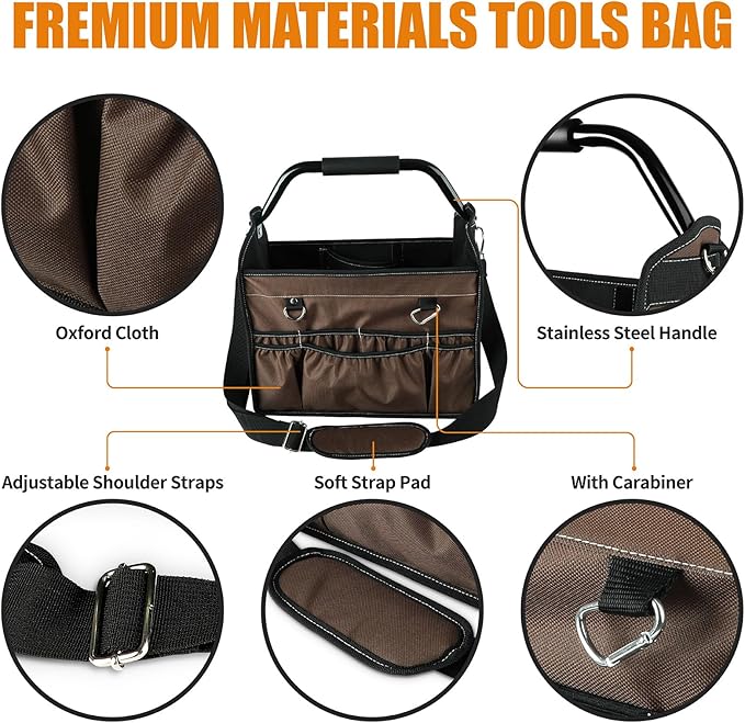KUNLUN 17-Inch Open Top Tool Bag, Electrician Tool Bag, Tool Tote Bag Organizer for Easy Tool Access, 33 Pockets Foldable Tool Carrier with Rotating Steel Handle and Removable Shoulder Strap, Brown