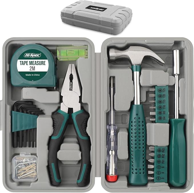 Hi-Spec 25pc Green Small Compact Hand Tool Kit Set for Home & Office DIY. Household Basic Toolkit Starter Repairs in a Portable Tool Box Case